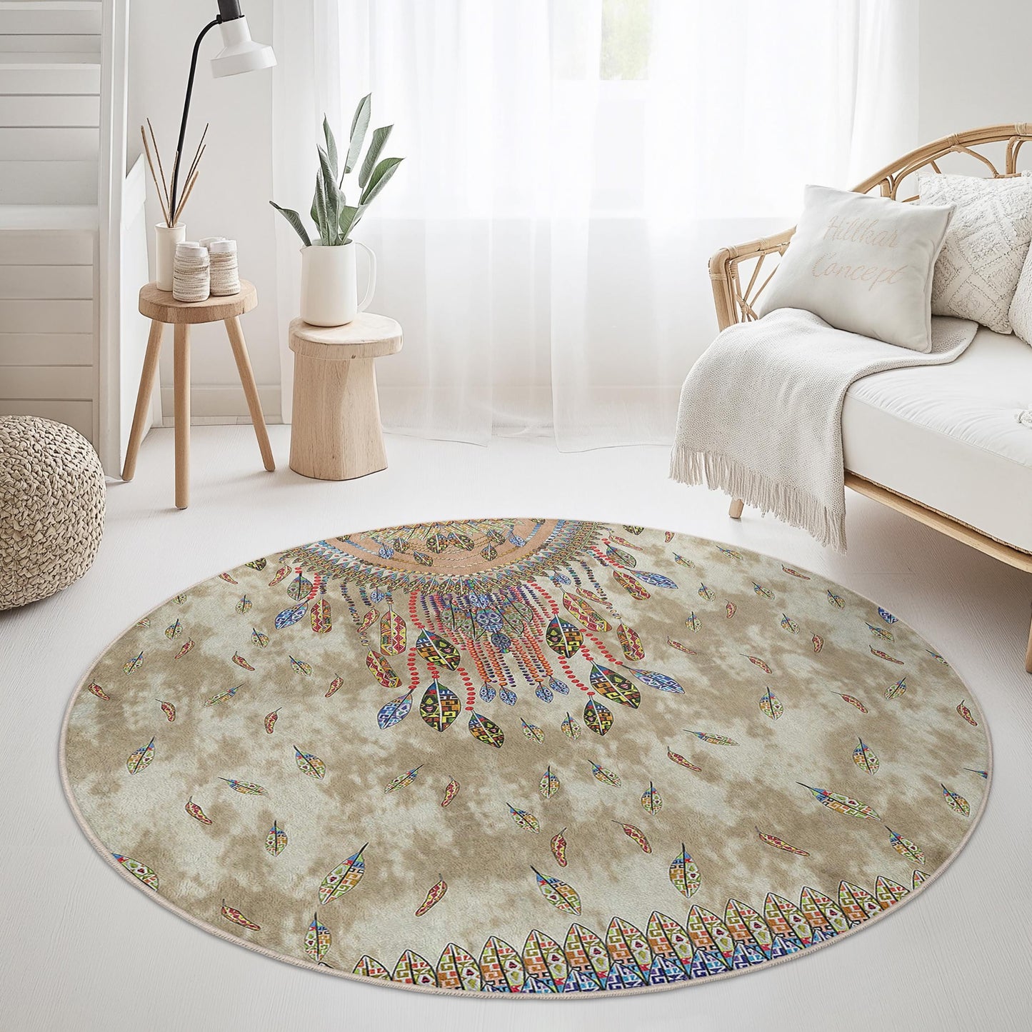 Runder Boho-Teppich, runder Teppich mit Federdesign, stilvoller Wohnzimmerteppich, einzigartige Boho-Dekoration, weiche runde Matte für Zuhause