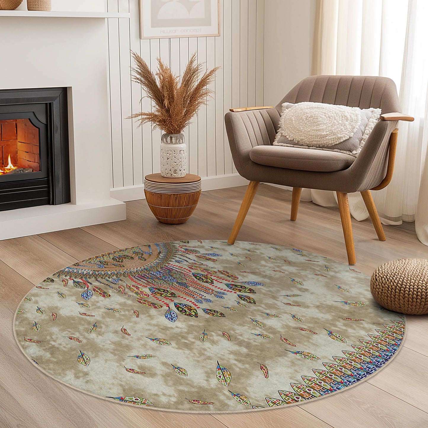 Runder Boho-Teppich, runder Teppich mit Federdesign, stilvoller Wohnzimmerteppich, einzigartige Boho-Dekoration, weiche runde Matte für Zuhause