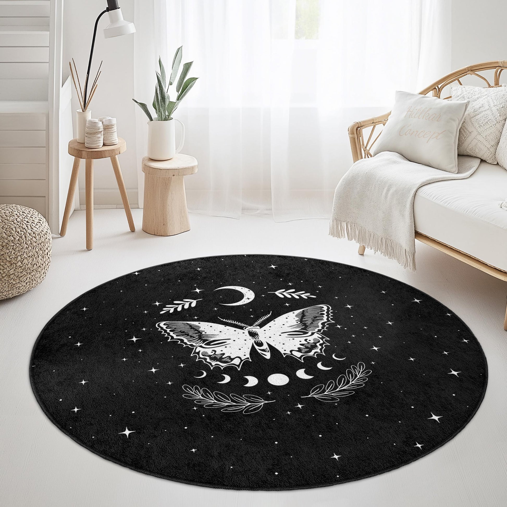 Mystical Butterfly Round Area Rug, Celestial Decor Rug, Bohemian Style Carpet, Living Room Rug, Butterfly Pattern Rug, Starry Night Rug