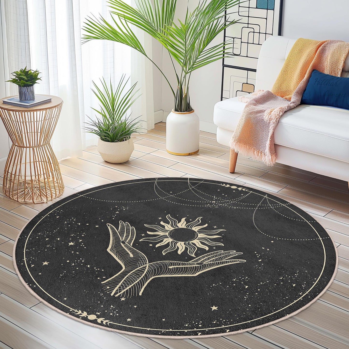 Runder Teppich mit mystischem Sonnen- und Handmotiv, Boho-Chic-Teppich, eleganter Wohnzimmerteppich, einzigartige runde Wohndekoration