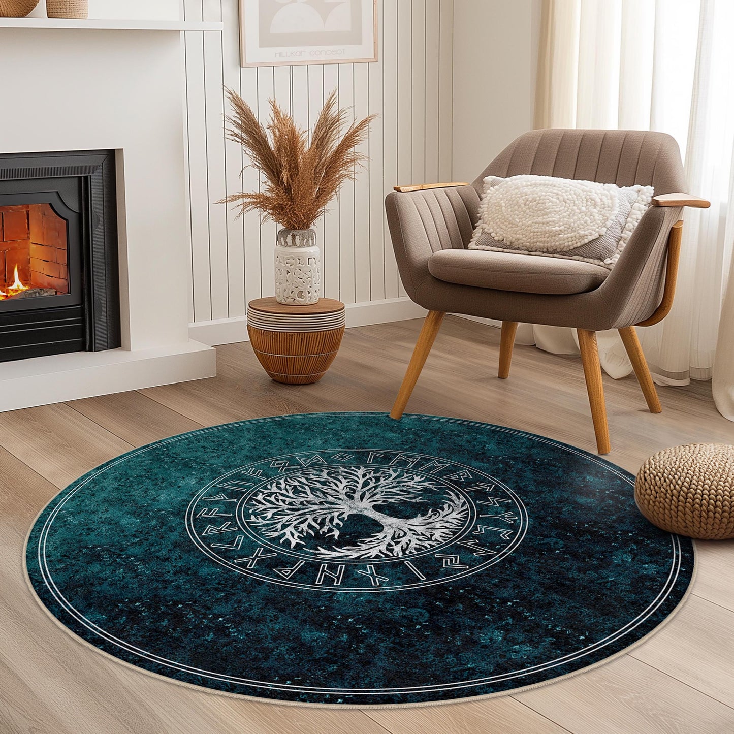 Runder Teppich „Baum des Lebens“, dekorativer Boho-Teppich, runder Wohnzimmerteppich, naturnahe Wohndekoration, umweltfreundlicher Teppich