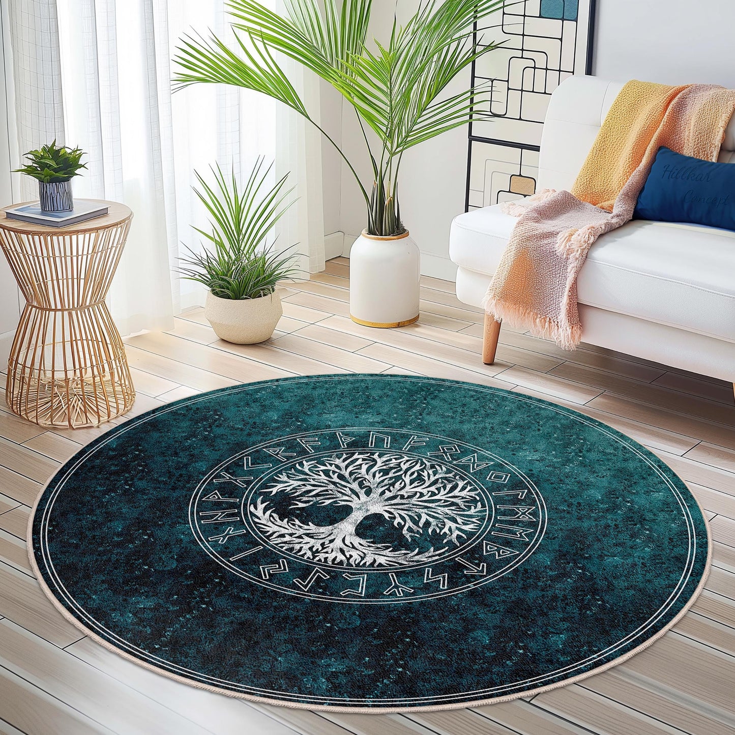 Runder Teppich „Baum des Lebens“, dekorativer Boho-Teppich, runder Wohnzimmerteppich, naturnahe Wohndekoration, umweltfreundlicher Teppich