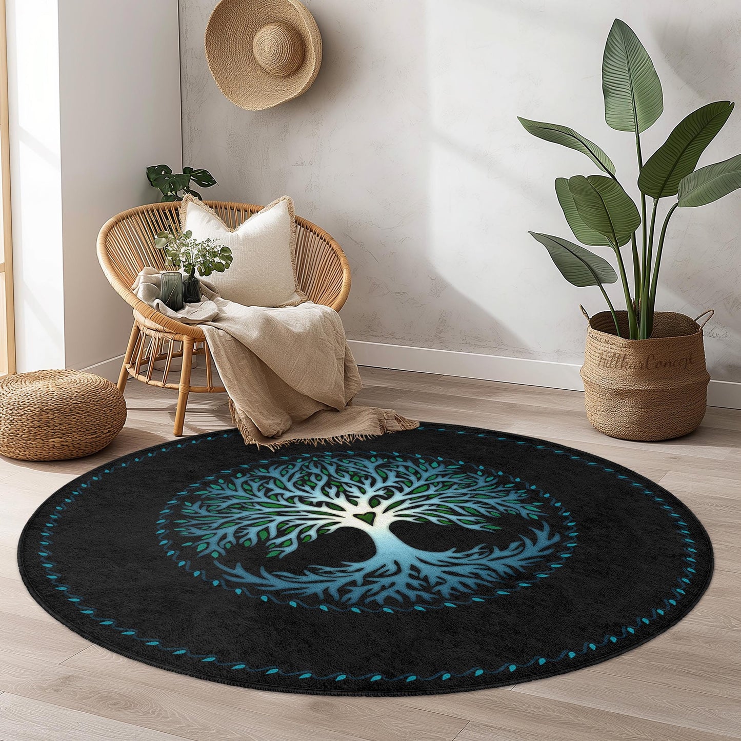 Runder Teppich „Lebensbaum“ mit lebendigem Design, künstlerischer runder Teppich, Wohnzimmerdekoration, naturinspirierter Teppich, umweltfreundliches Wohnaccessoire