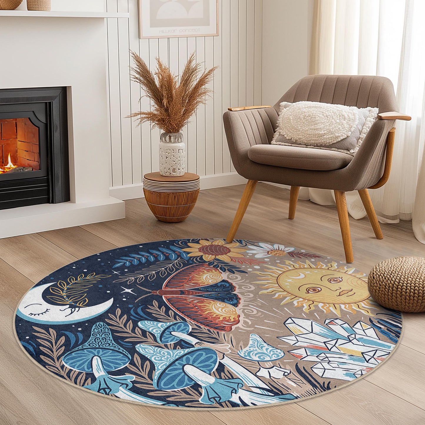 Runder Teppich mit traumhaftem Mond- und Sonnenmotiv, Teppich im Bohème-Stil, von der Natur inspirierter runder Teppich, Kunstdekor für das Wohnzimmer