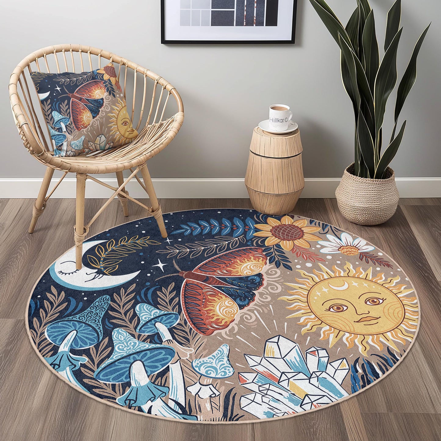 Runder Teppich mit traumhaftem Mond- und Sonnenmotiv, Teppich im Bohème-Stil, von der Natur inspirierter runder Teppich, Kunstdekor für das Wohnzimmer