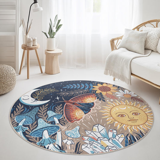 Dreamy Floral Moon and Sun Round Area Rug, Bohemian Style Rug, Nature Inspired Round Carpet, Art Decor for Living Room