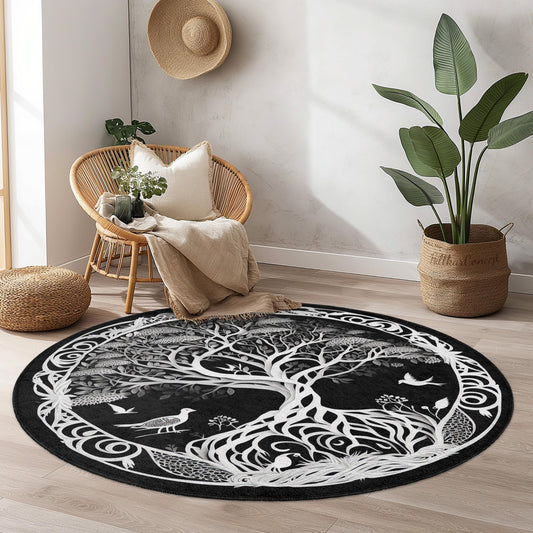 Tree of Life Round Area Rug: Black and White Polyester Decor