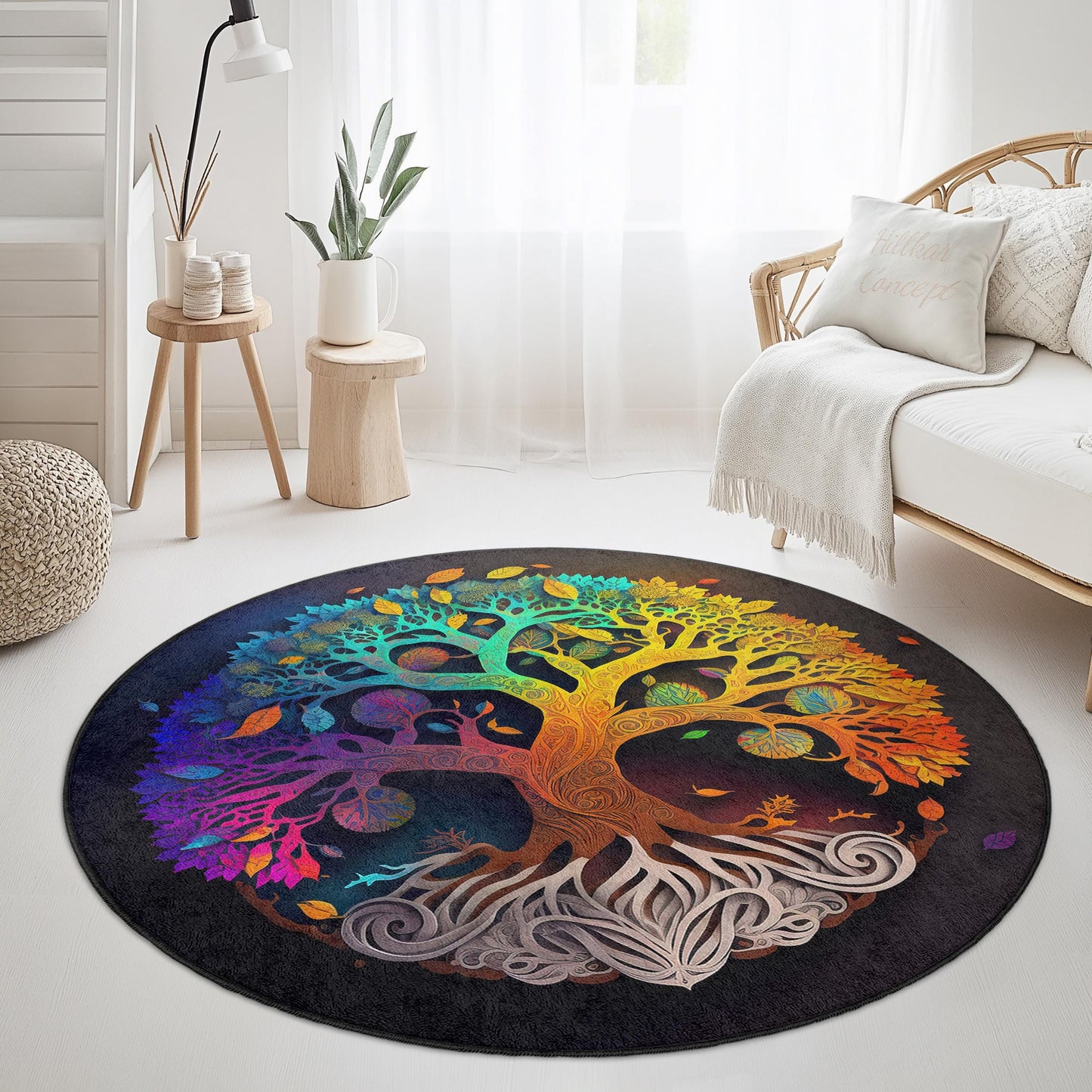 Bunter runder Teppich mit Lebensbaum-Motiv, Boho-Baumdesign, runder Teppich, künstlerische Wohndekoration, einzigartiger Wohnzimmerteppich