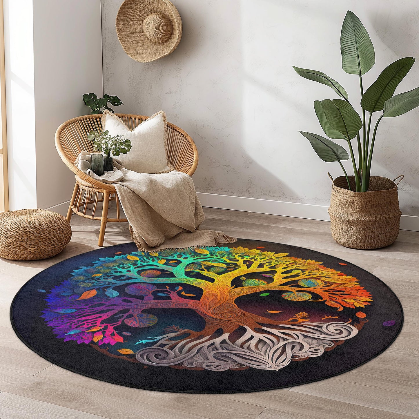 Bunter runder Teppich mit Lebensbaum-Motiv, Boho-Baumdesign, runder Teppich, künstlerische Wohndekoration, einzigartiger Wohnzimmerteppich