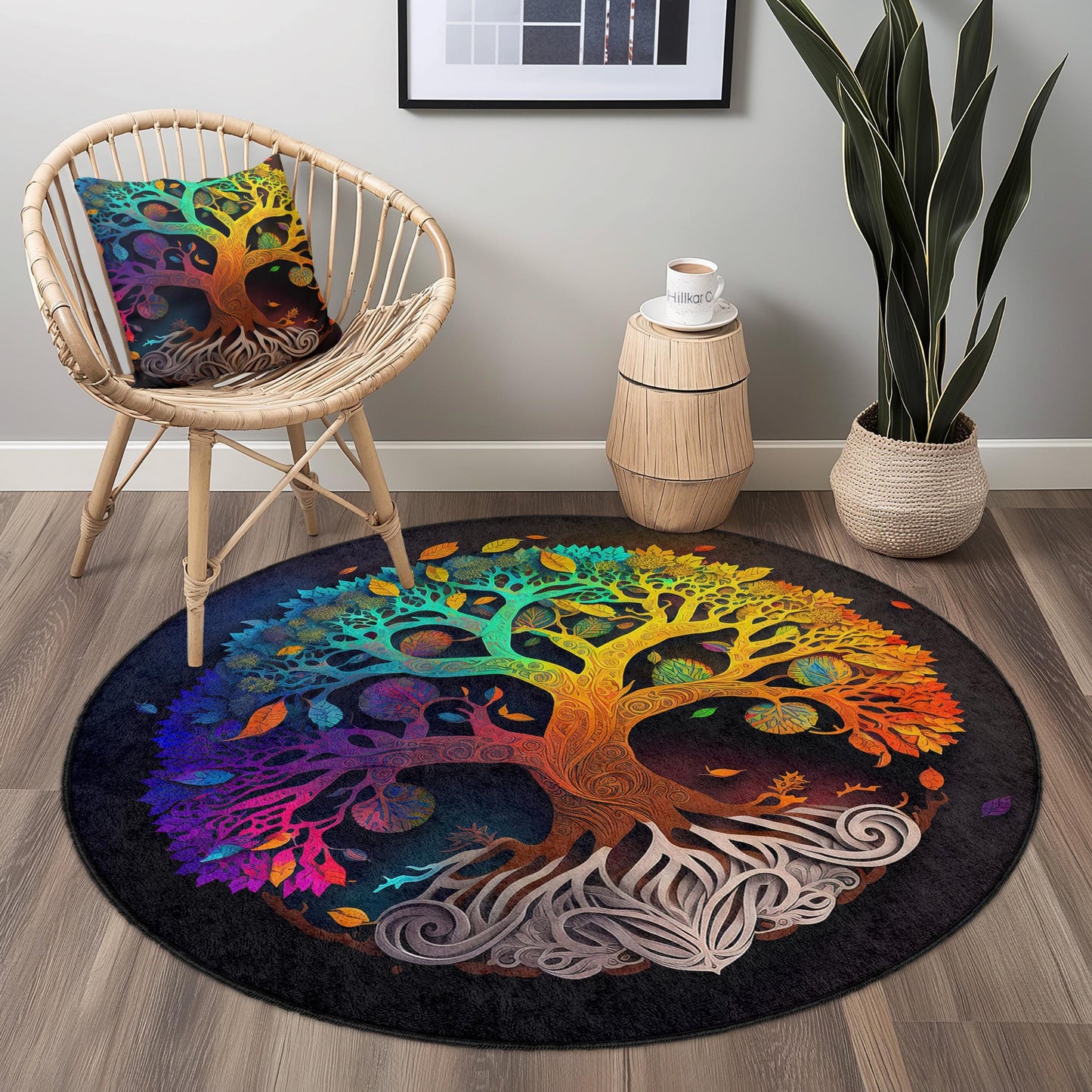 Bunter runder Teppich mit Lebensbaum-Motiv, Boho-Baumdesign, runder Teppich, künstlerische Wohndekoration, einzigartiger Wohnzimmerteppich
