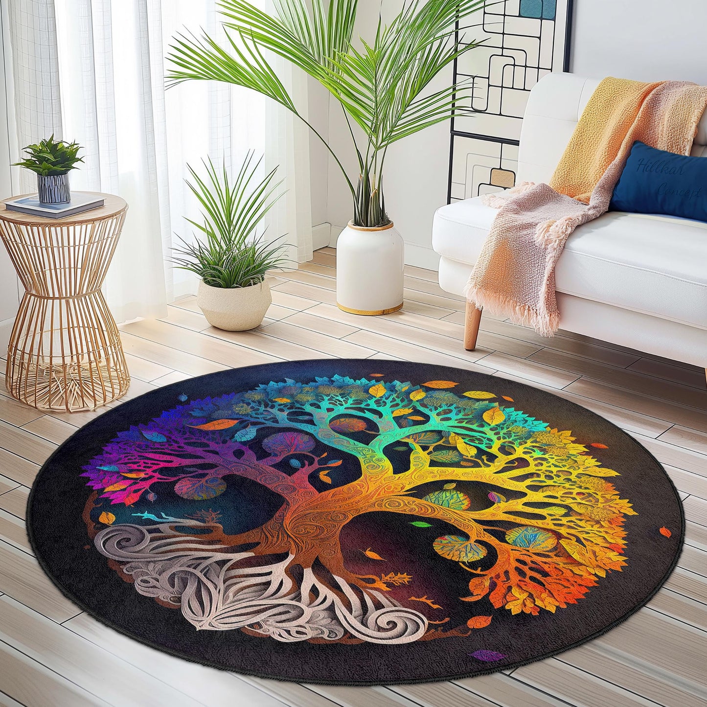 Bunter runder Teppich mit Lebensbaum-Motiv, Boho-Baumdesign, runder Teppich, künstlerische Wohndekoration, einzigartiger Wohnzimmerteppich