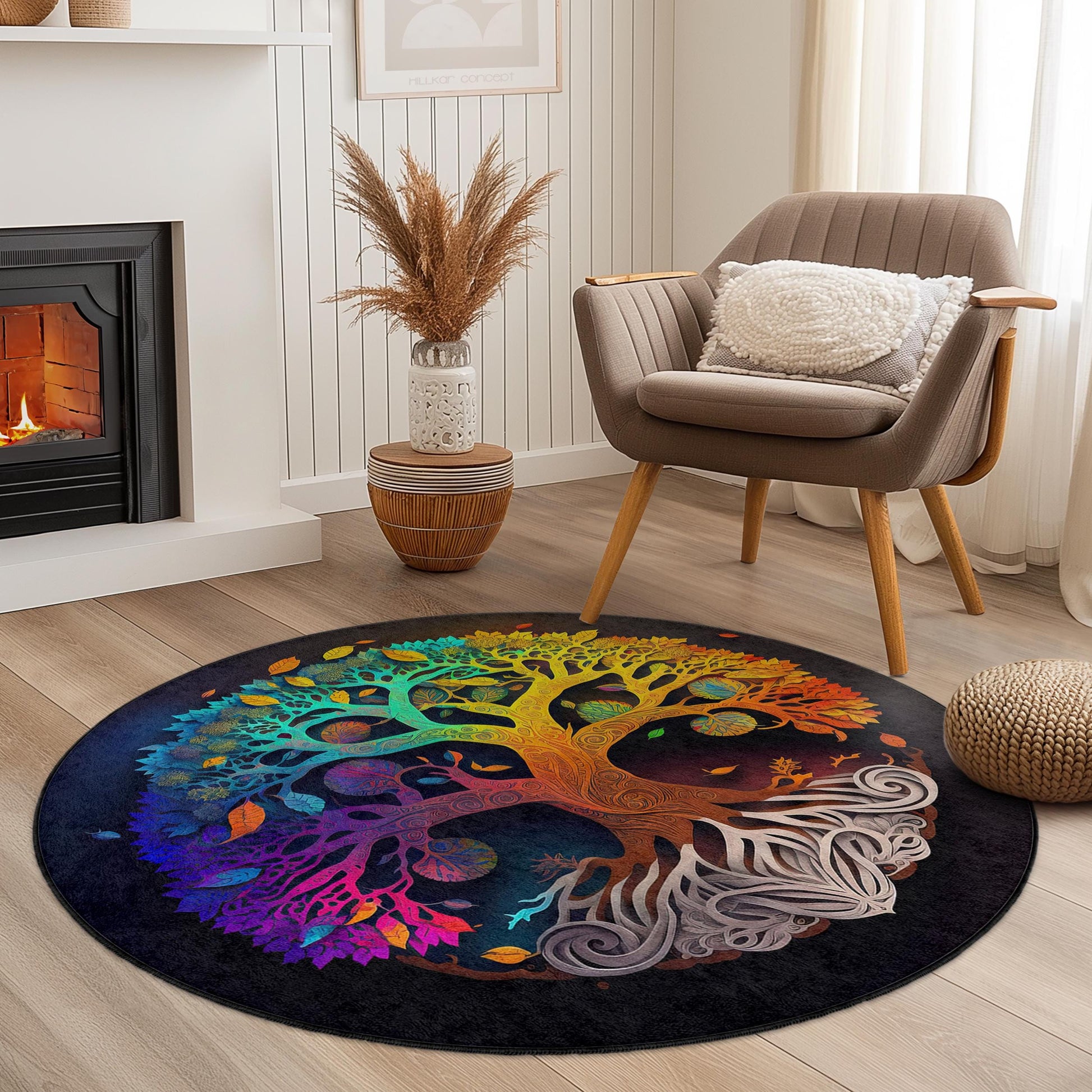 Colorful Tree of Life Round Rug, Bohemian Tree Design, Circular Area Rug, Artistic Home Decor, Unique Living Room Rug