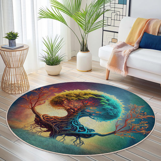 Vibrant Colorful Tree of Life Round Area Rug, Bohemian Style Round Carpet for Living Room, Unique Home Decor, Artistic Round Rug