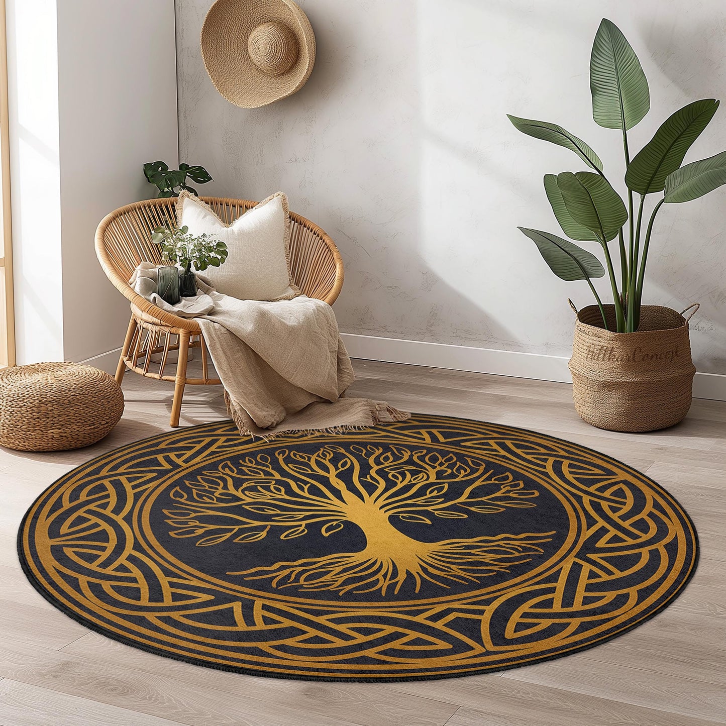 Runder Teppich mit keltischem Lebensbaum-Motiv, künstlerischer runder Teppich, Wohnaccessoires im Bohème-Stil, naturinspirierter Teppich, dekorativer runder Teppich
