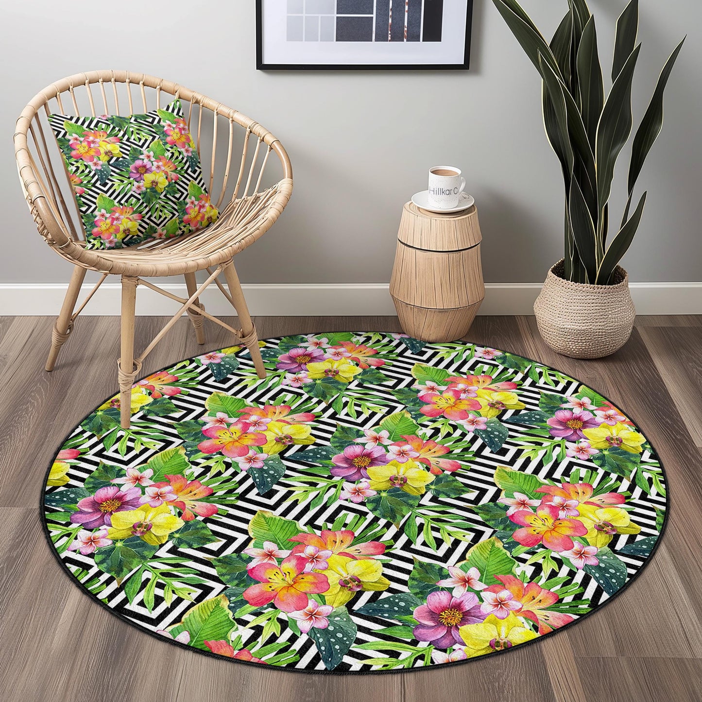 Runder Teppich mit tropischem Blumenmuster, Boho-Blumenteppich, Teppich mit geometrischem Muster, moderner runder Teppich fürs Wohnzimmer, schicke Wohndekoration