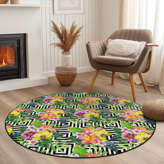 Floral Tropical Round Area Rug, Bohemian Flower Carpet, Geometric Pattern Rug, Modern Round Rug for Living Room, Chic Home Decor