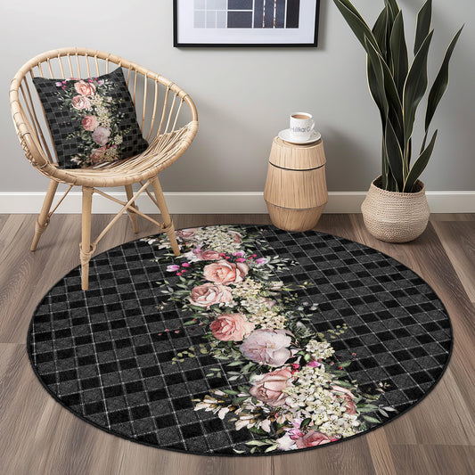 Floral Elegance Round Area Rug, Black Checkered Floral Design, Vintage Style Round Rug, Living Room Decor, Boho Chic Home Decor