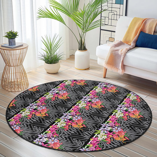 Vibrant Floral Round Area Rug, Black Floral Design Rug, Bohemian Round Carpet, Living Room Decor, Colorful Round Rug, Home Accent