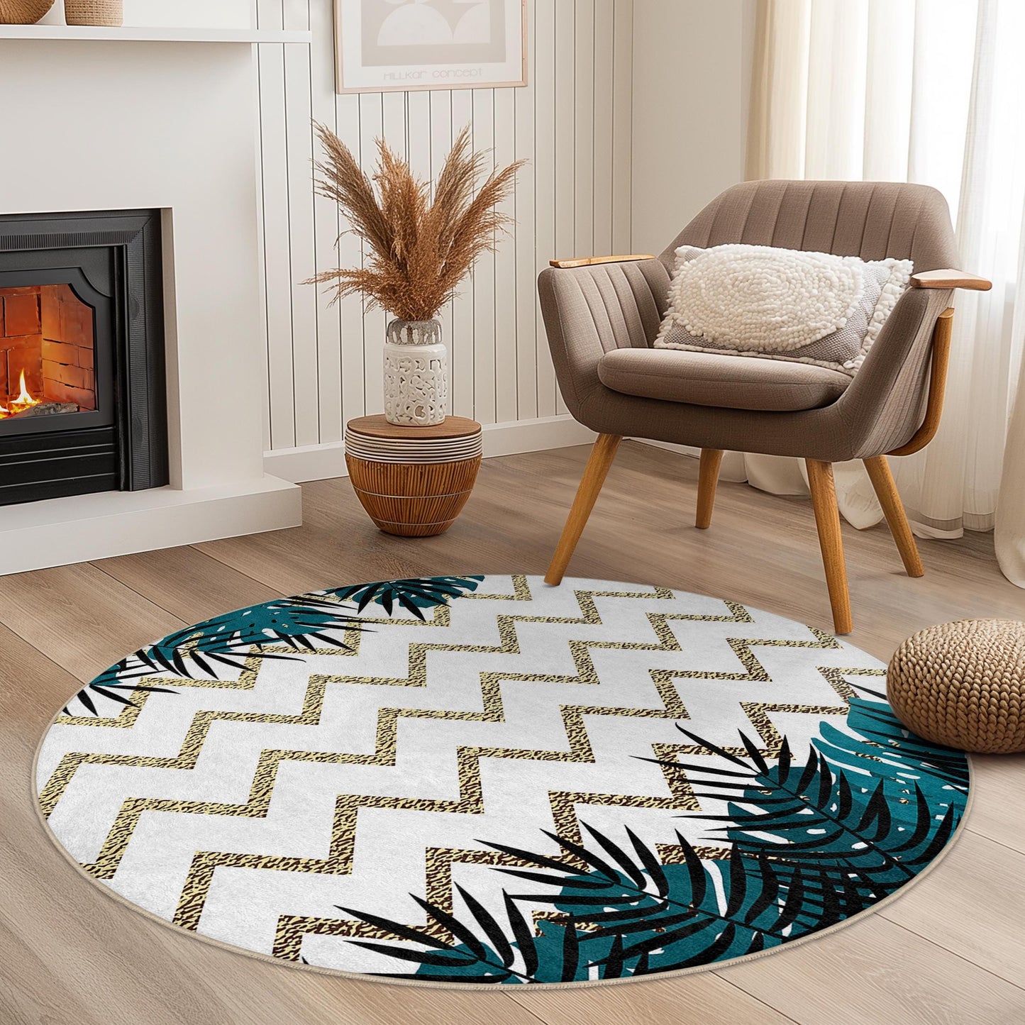Runder Teppich mit Gold-Chevron-Muster und tropischen Blättern, stilvoller runder Wohnzimmerteppich, moderne Wohndekoration, Teppich im Bohème-Chic-Stil