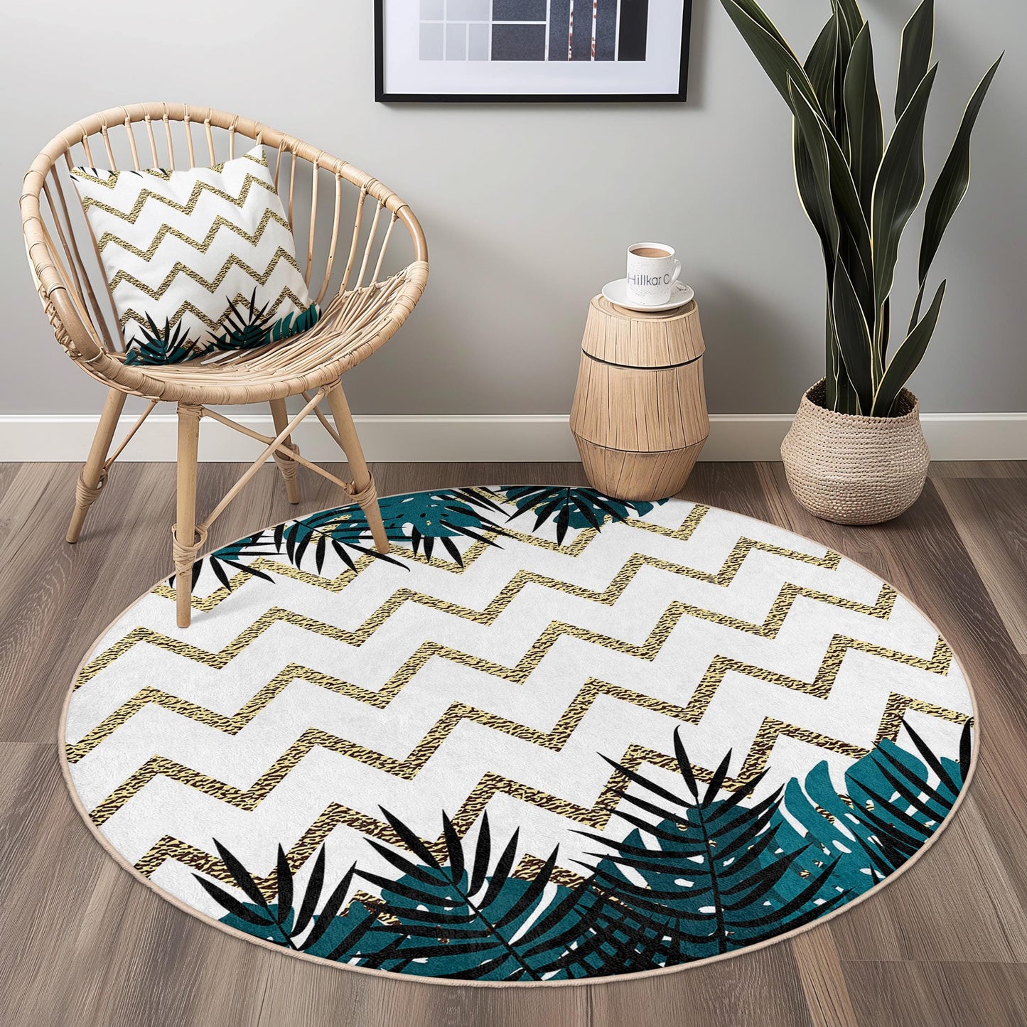 Runder Teppich mit Gold-Chevron-Muster und tropischen Blättern, stilvoller runder Wohnzimmerteppich, moderne Wohndekoration, Teppich im Bohème-Chic-Stil