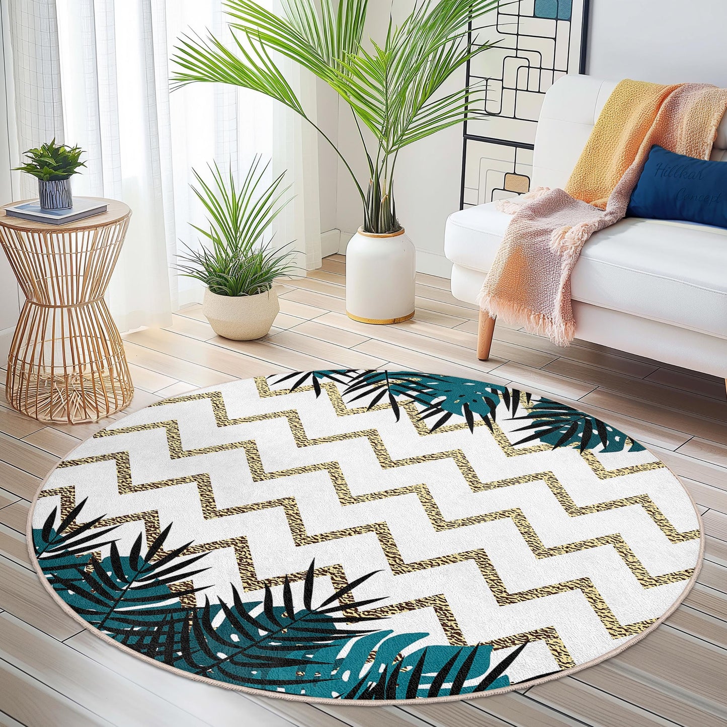 Runder Teppich mit Gold-Chevron-Muster und tropischen Blättern, stilvoller runder Wohnzimmerteppich, moderne Wohndekoration, Teppich im Bohème-Chic-Stil