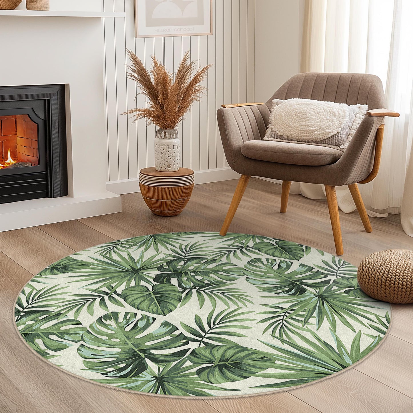 Runder Teppich mit tropischem Blättermuster, grünes botanisches Design, moderner runder Teppich für das Wohnzimmer, Boho-Dekor, runder Teppich für den Innenbereich