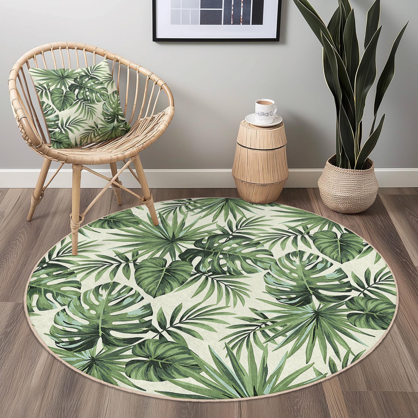 Runder Teppich mit tropischem Blättermuster, grünes botanisches Design, moderner runder Teppich für das Wohnzimmer, Boho-Dekor, runder Teppich für den Innenbereich