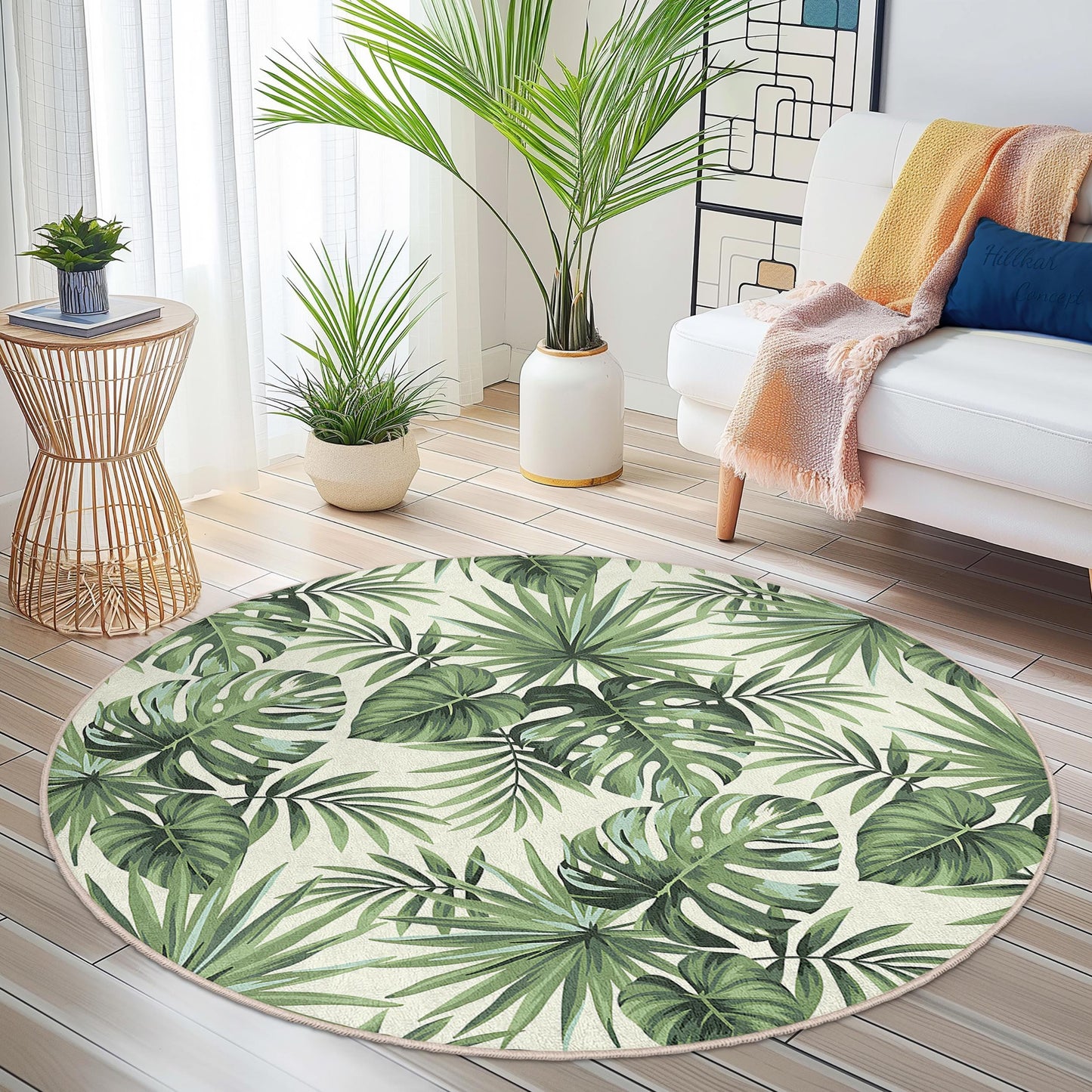 Runder Teppich mit tropischem Blättermuster, grünes botanisches Design, moderner runder Teppich für das Wohnzimmer, Boho-Dekor, runder Teppich für den Innenbereich