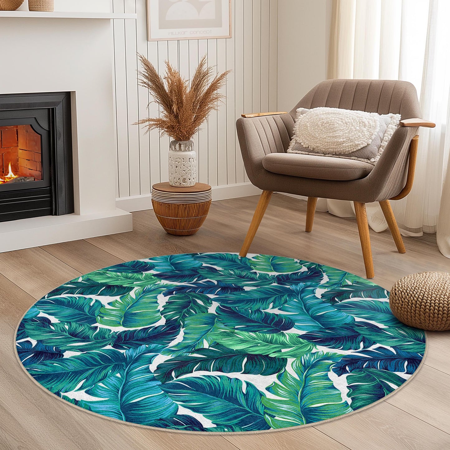 Tropical Leaf Round Area Rug, Modern Green Leaf Pattern Carpet, Living Room Decor, Round Rug for Home, Bohemian Style Rug