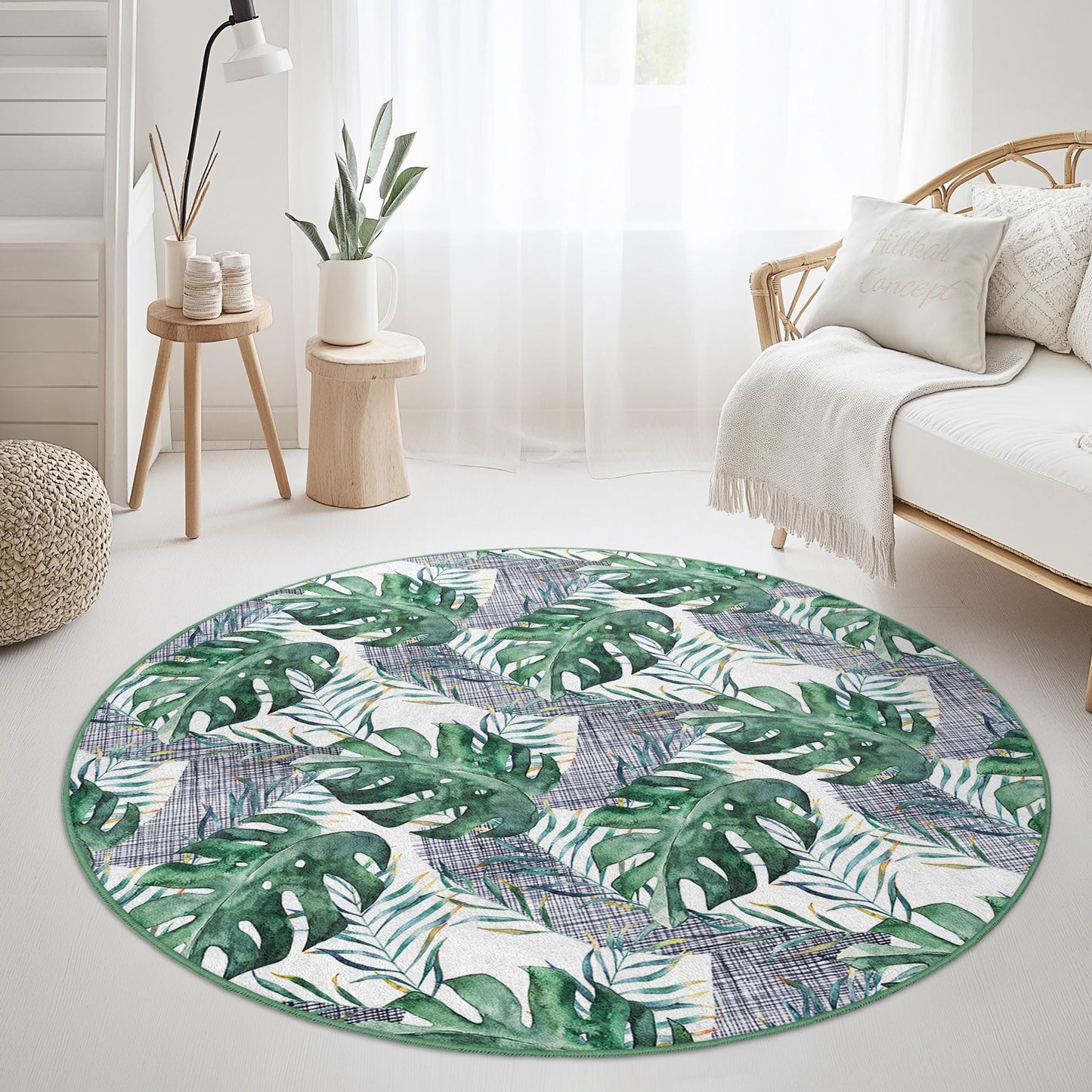 Runder Teppich mit tropischen Monstera-Blättern, runder Teppich im Bohème-Stil, Innendekoration, Wohnzimmerteppich, Geschenk für Pflanzenliebhaber