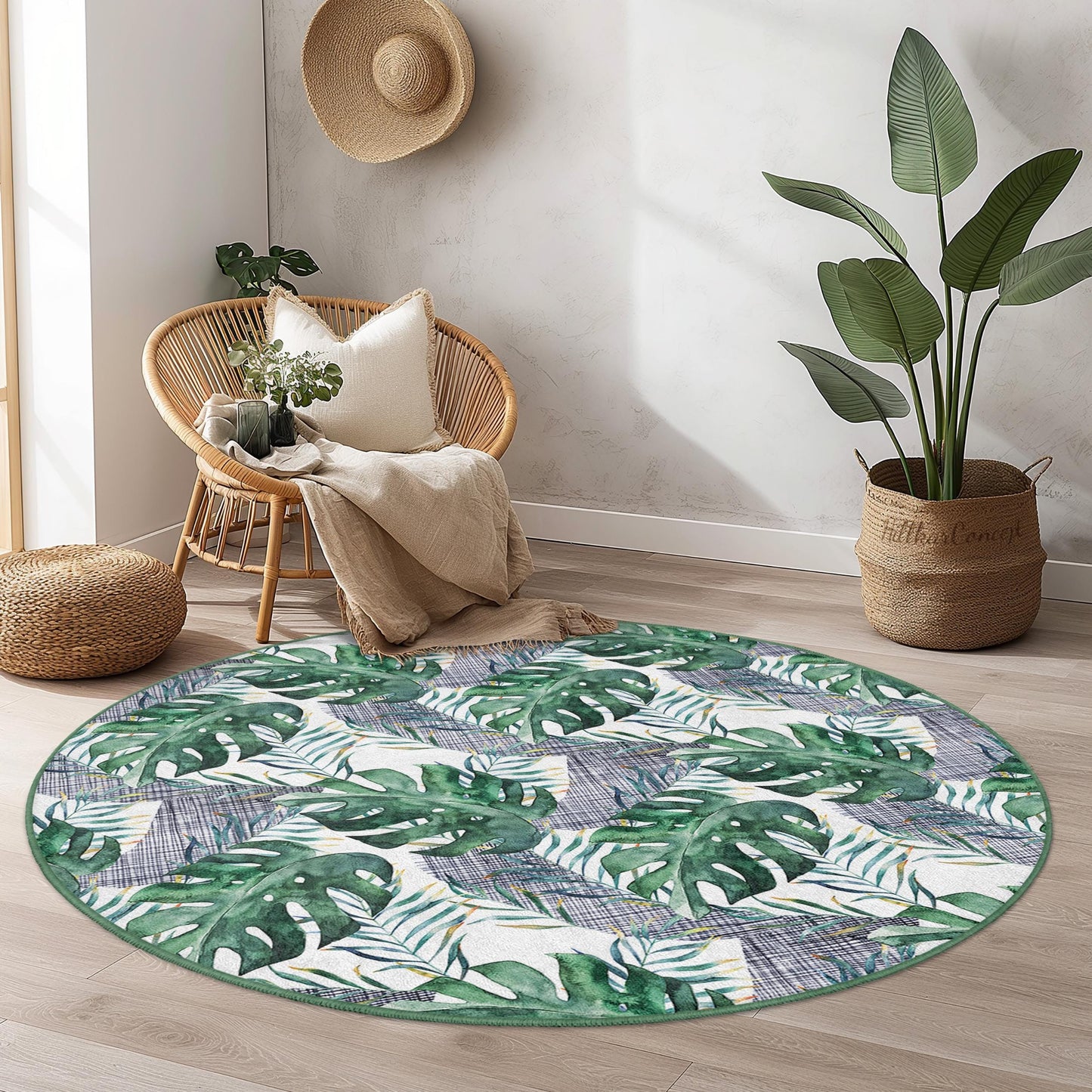 Runder Teppich mit tropischen Monstera-Blättern, runder Teppich im Bohème-Stil, Innendekoration, Wohnzimmerteppich, Geschenk für Pflanzenliebhaber
