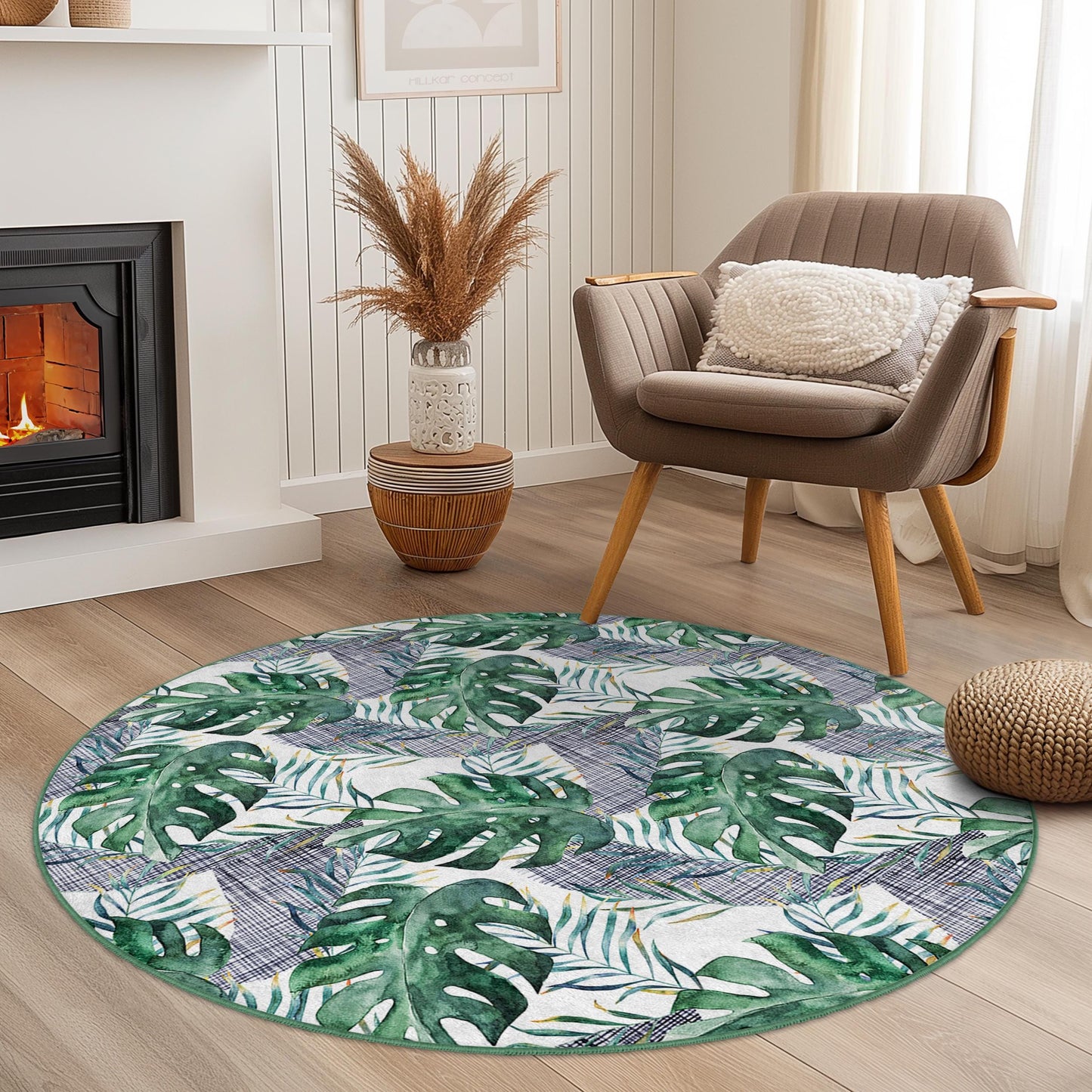 Runder Teppich mit tropischen Monstera-Blättern, runder Teppich im Bohème-Stil, Innendekoration, Wohnzimmerteppich, Geschenk für Pflanzenliebhaber