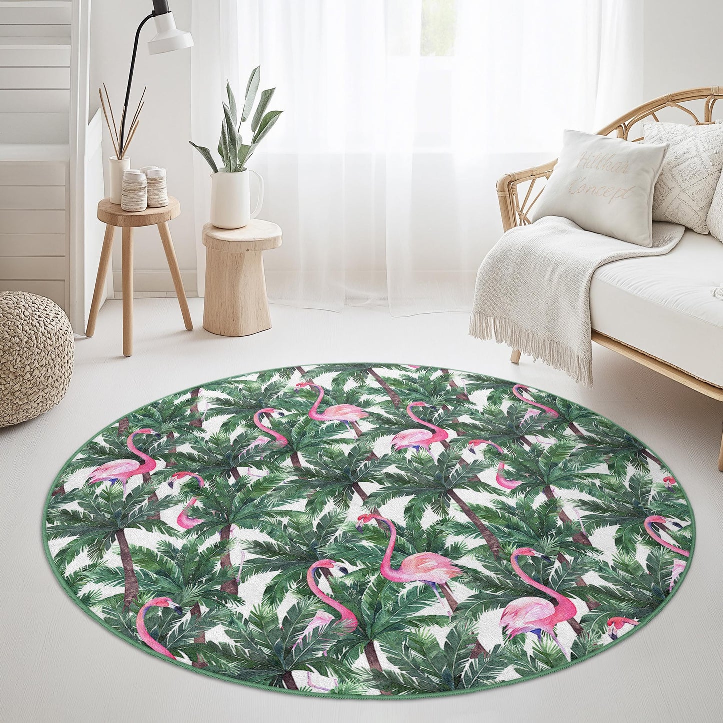 Runder Teppich mit tropischem Flamingo-Muster, Teppich mit Palmenblatt-Motiv, Runder Teppich für den Innenbereich, Boho-Stil, Wohnzimmerteppich, Exotische Wohnaccessoires