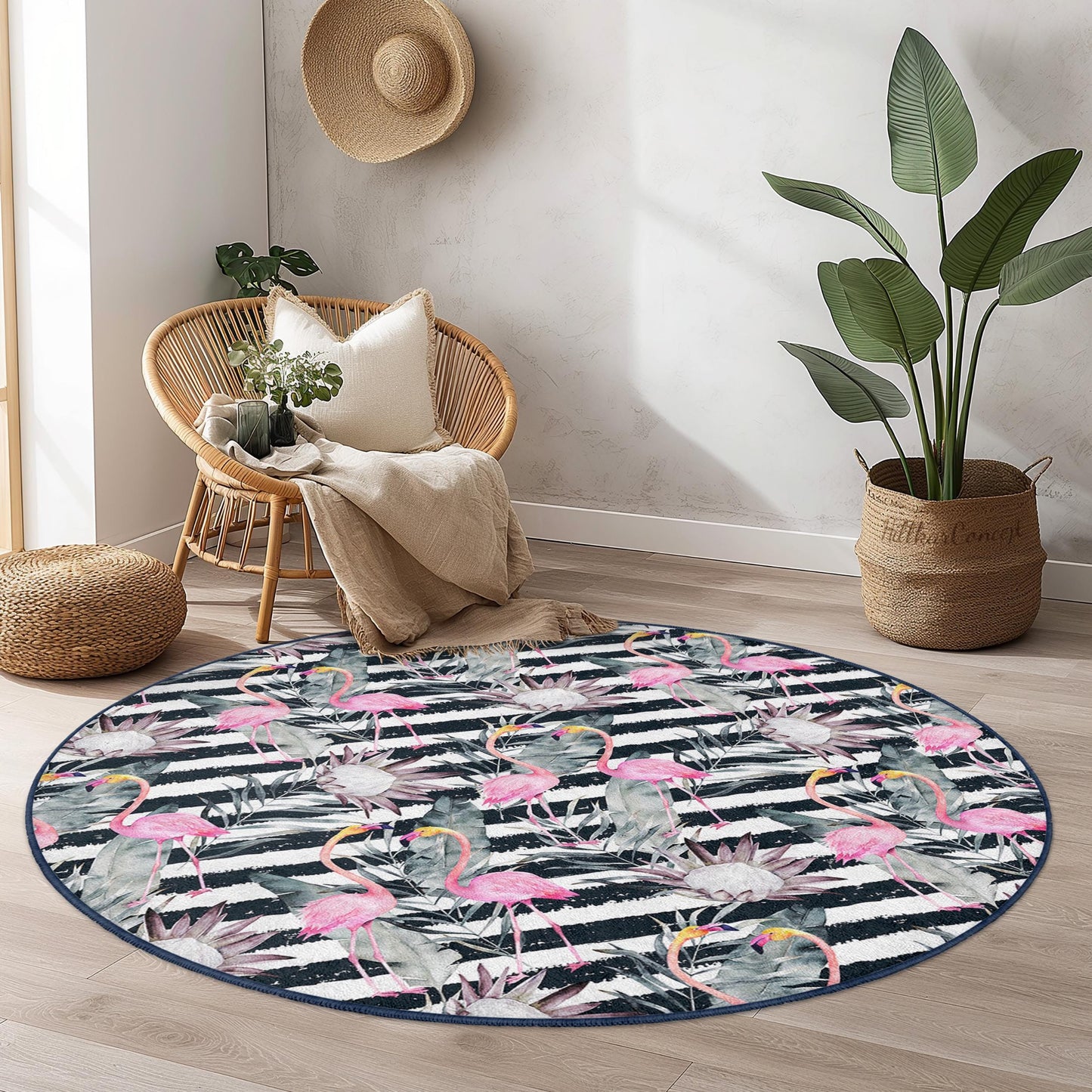 Eleganter runder Teppich mit Flamingomuster, tropisches Blumenmuster, Boho-Chic-Wohnzimmerdeko, runder Teppich für Zuhause, stilvolle runde Matte