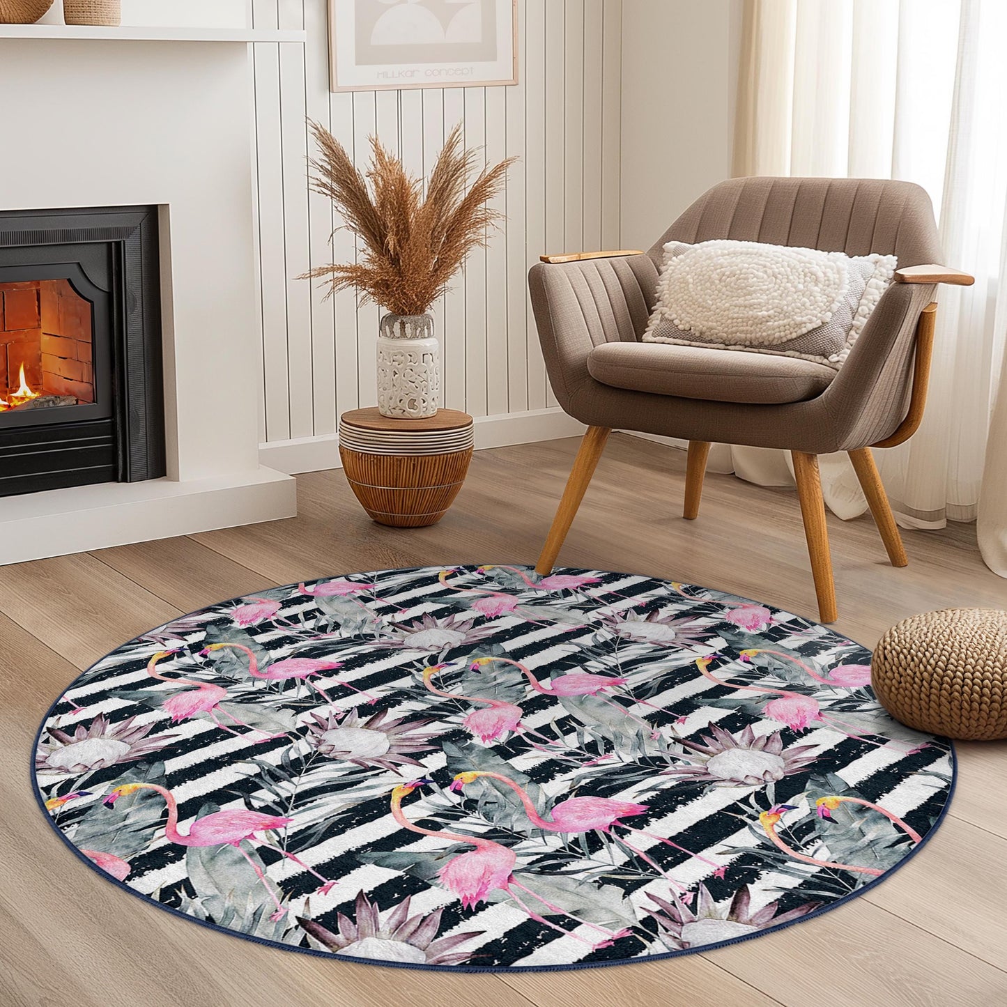 Eleganter runder Teppich mit Flamingomuster, tropisches Blumenmuster, Boho-Chic-Wohnzimmerdeko, runder Teppich für Zuhause, stilvolle runde Matte