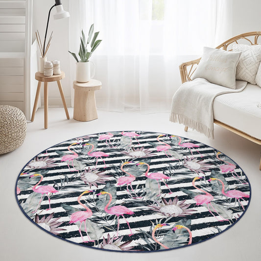 Elegant Flamingo Round Area Rug, Tropical Floral Pattern Carpet, Boho Chic Living Room Decor, Round Rug for Home, Stylish Round Mat