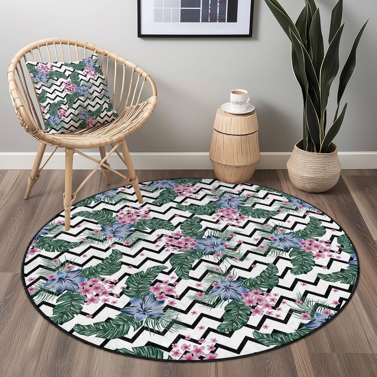 Runder Teppich mit lebendigem Blumenmuster, tropischen grünen Blättern und rosa Blüten, moderner runder Teppich für Wohnzimmer, Wohnaccessoires, Boho-Chic