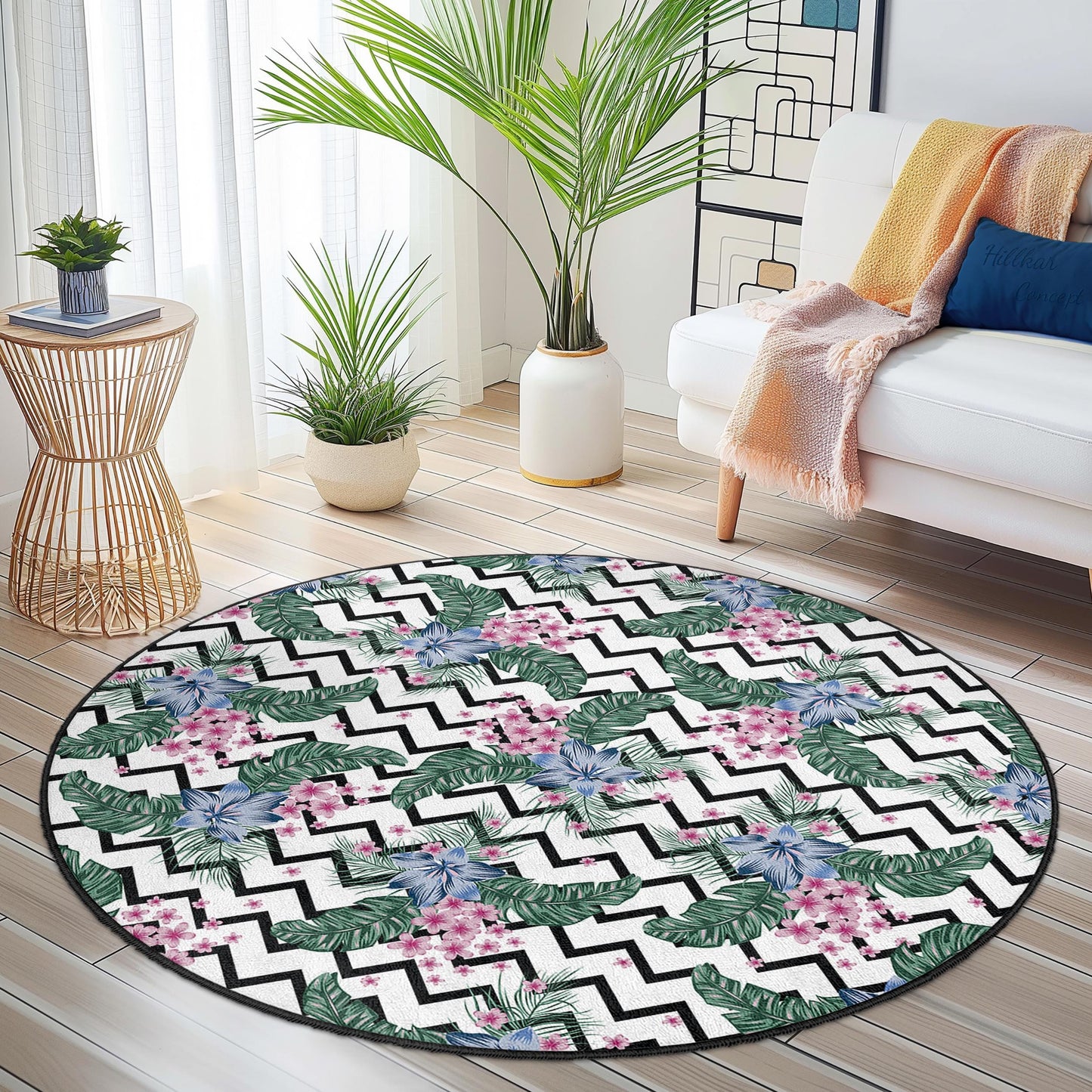 Runder Teppich mit lebendigem Blumenmuster, tropischen grünen Blättern und rosa Blüten, moderner runder Teppich für Wohnzimmer, Wohnaccessoires, Boho-Chic