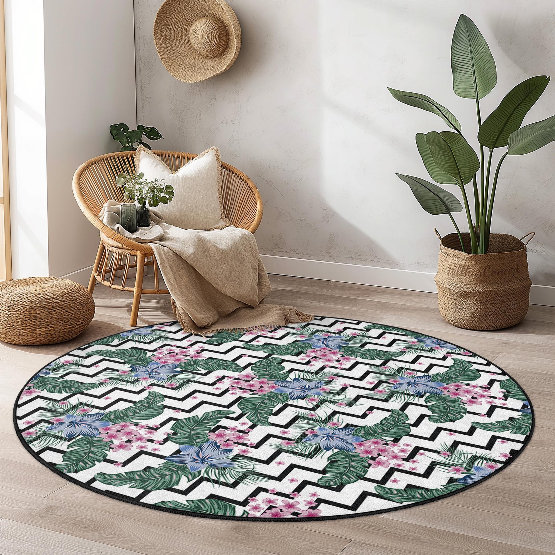 Vibrant Floral Round Area Rug, Tropical Green Leaves and Pink Flowers, Modern Round Carpet for Living Room, Home Decor, Boho Chic