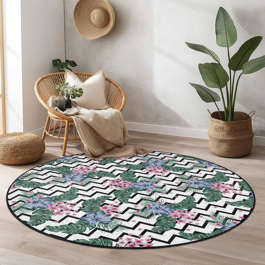 Vibrant Floral Round Area Rug, Tropical Green Leaves and Pink Flowers, Modern Round Carpet for Living Room, Home Decor, Boho Chic