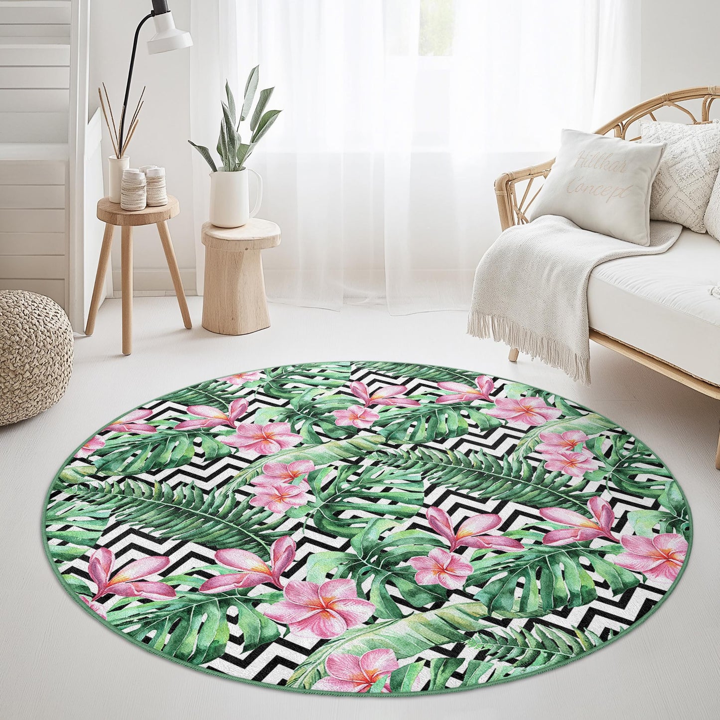 Runder Teppich mit tropischem Blumenmuster, runder Teppich mit Blattmuster, Wohnaccessoires im Bohème-Stil, runder Teppich für den Innenbereich, Wohnzimmerdekoration