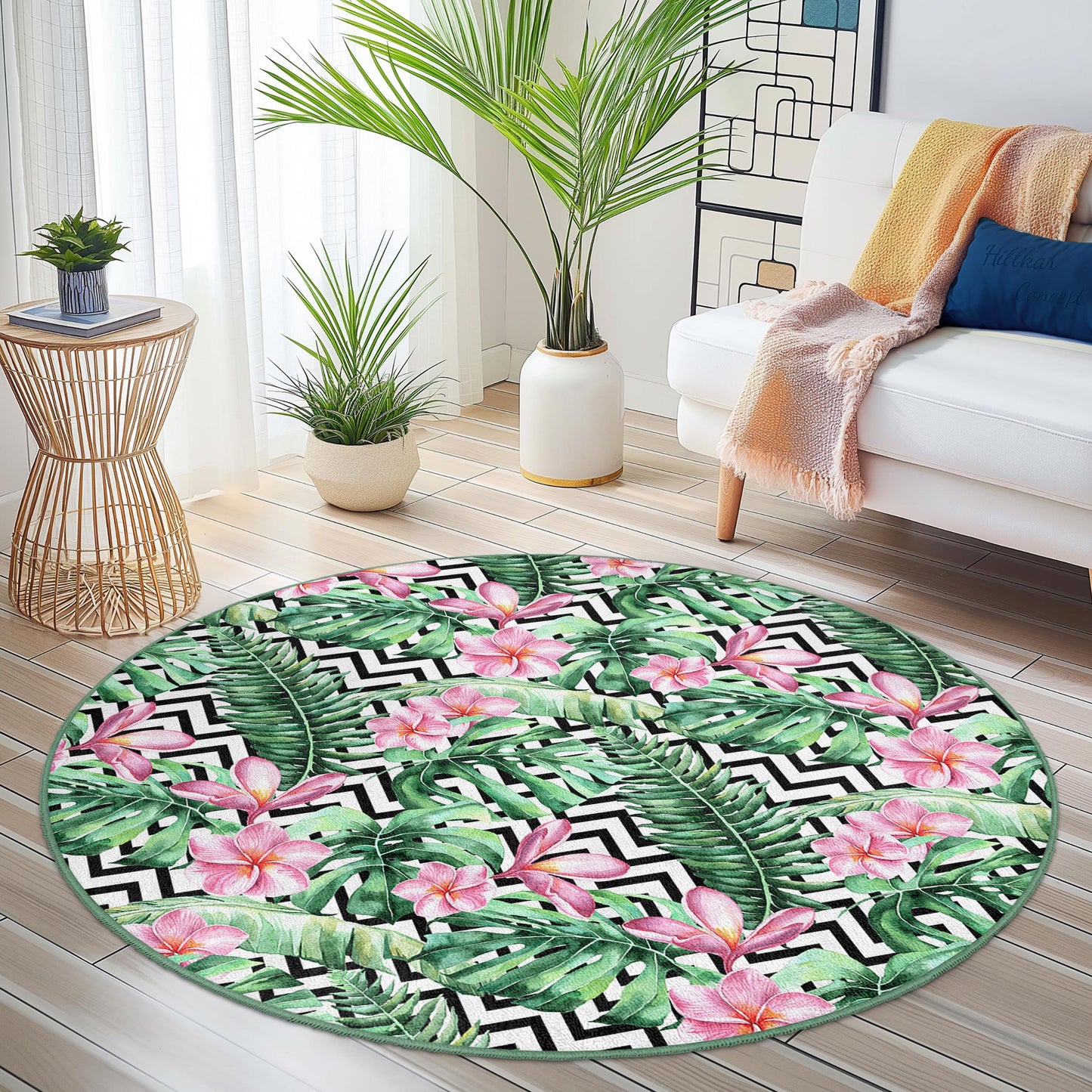 Runder Teppich mit tropischem Blumenmuster, runder Teppich mit Blattmuster, Wohnaccessoires im Bohème-Stil, runder Teppich für den Innenbereich, Wohnzimmerdekoration