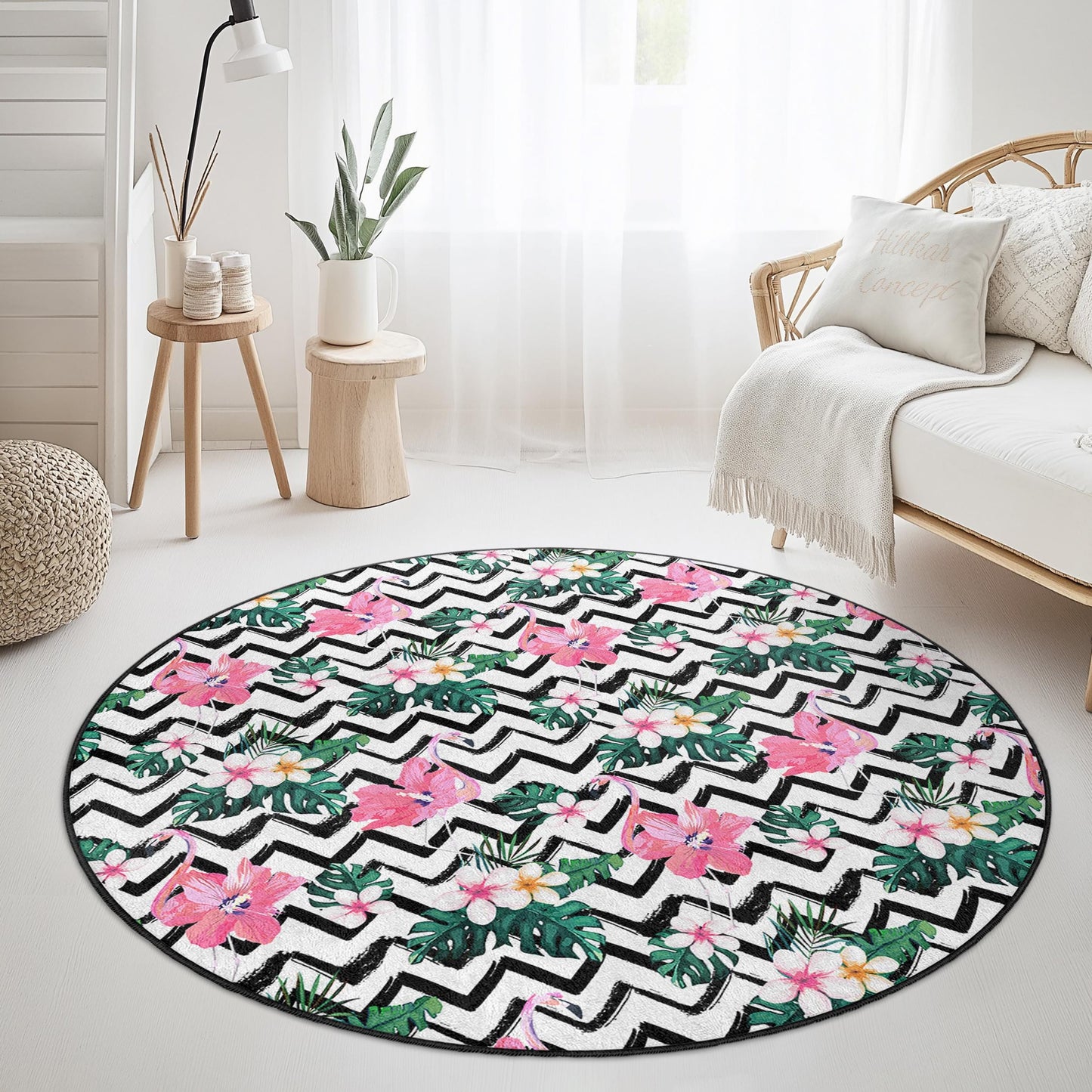 Runder Teppich mit Flamingo-Muster, runder Teppich mit tropischem Blumenmuster, Boho-Chic-Wohndeko, runder Wohnzimmerteppich, runde Matte für den Innenbereich