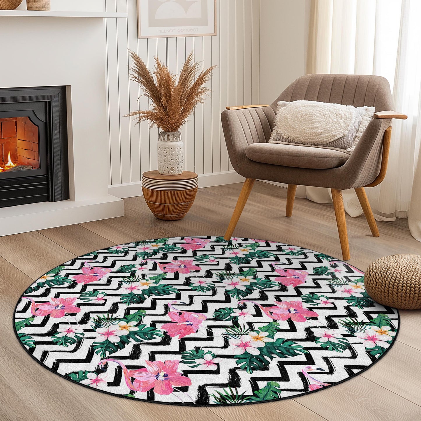 Runder Teppich mit Flamingo-Muster, runder Teppich mit tropischem Blumenmuster, Boho-Chic-Wohndeko, runder Wohnzimmerteppich, runde Matte für den Innenbereich
