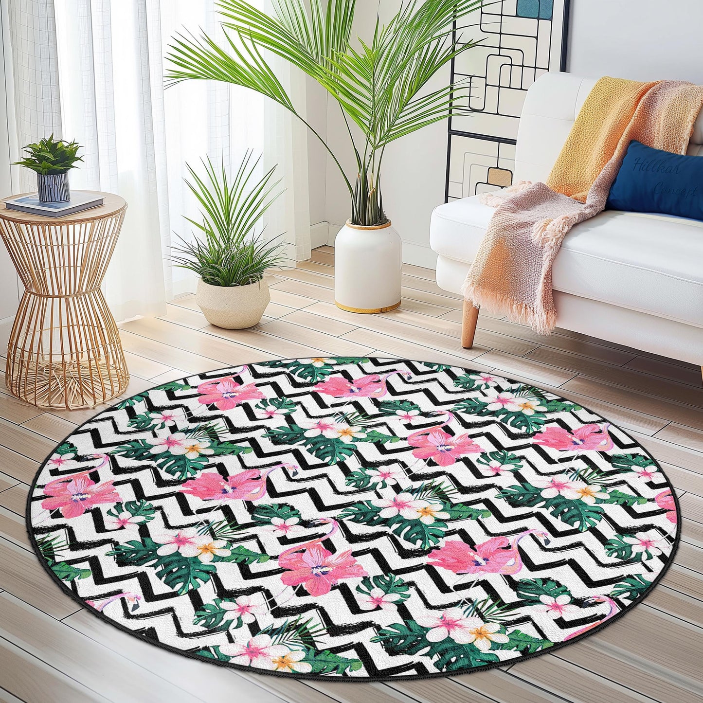 Runder Teppich mit Flamingo-Muster, runder Teppich mit tropischem Blumenmuster, Boho-Chic-Wohndeko, runder Wohnzimmerteppich, runde Matte für den Innenbereich