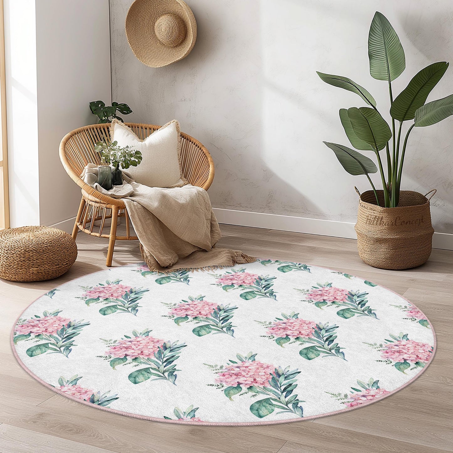 Runder Teppich mit Blumenmuster, eleganter Teppich mit Blumendesign, botanischer runder Teppich für das Wohnzimmer, zarte florale Dekoration, Wohnaccessoire