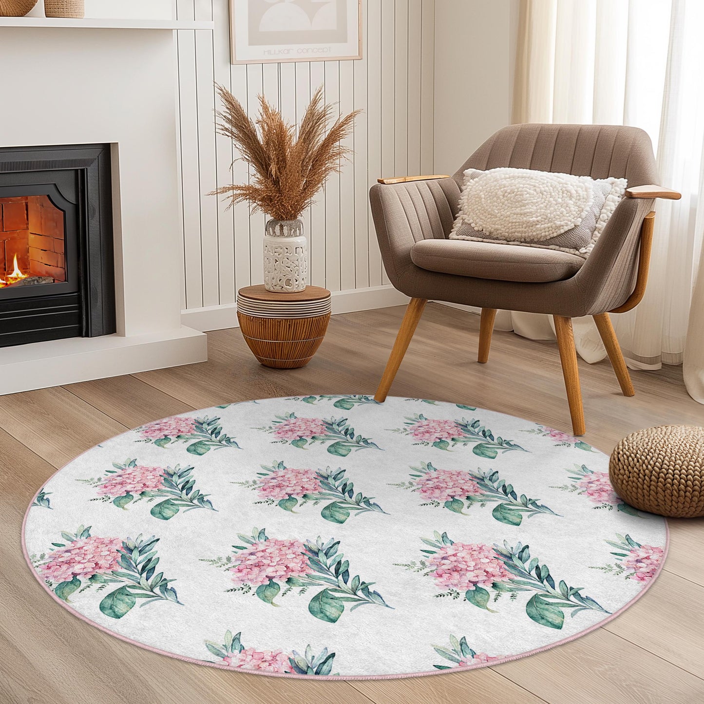 Runder Teppich mit Blumenmuster, eleganter Teppich mit Blumendesign, botanischer runder Teppich für das Wohnzimmer, zarte florale Dekoration, Wohnaccessoire