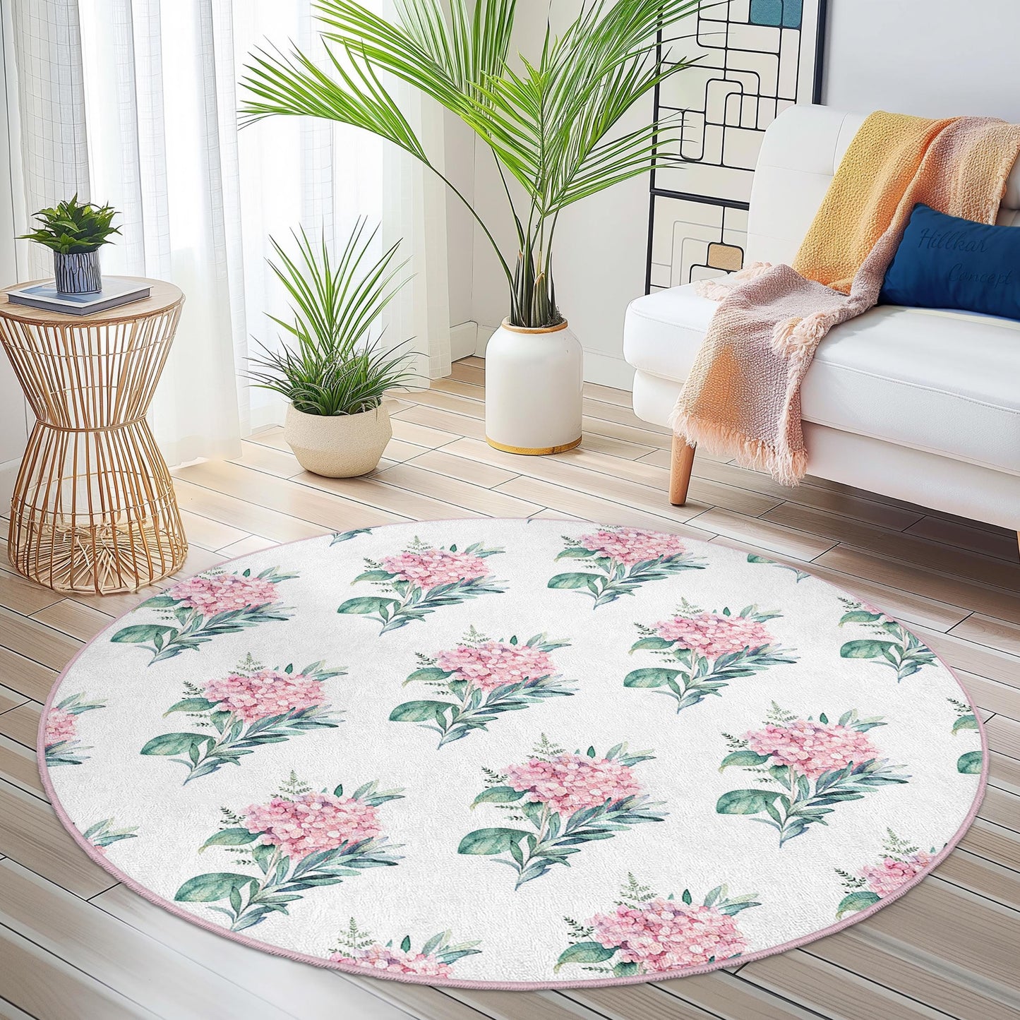 Runder Teppich mit Blumenmuster, eleganter Teppich mit Blumendesign, botanischer runder Teppich für das Wohnzimmer, zarte florale Dekoration, Wohnaccessoire