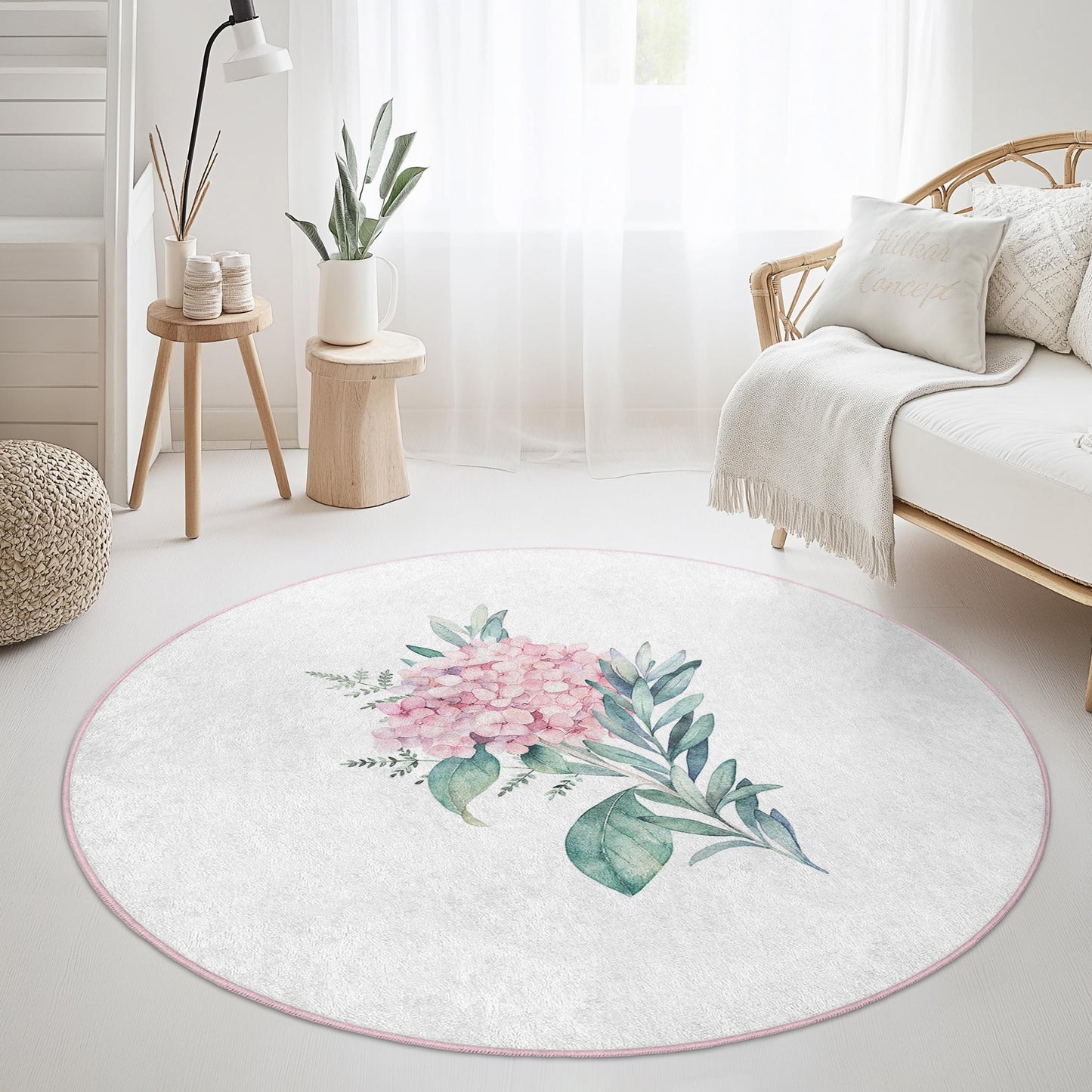 Runder Teppich mit Blumenmuster, weicher Teppich mit Blumenmuster für das Wohnzimmer, runder Dekoteppich, Wohnaccessoire im Bohème-Stil