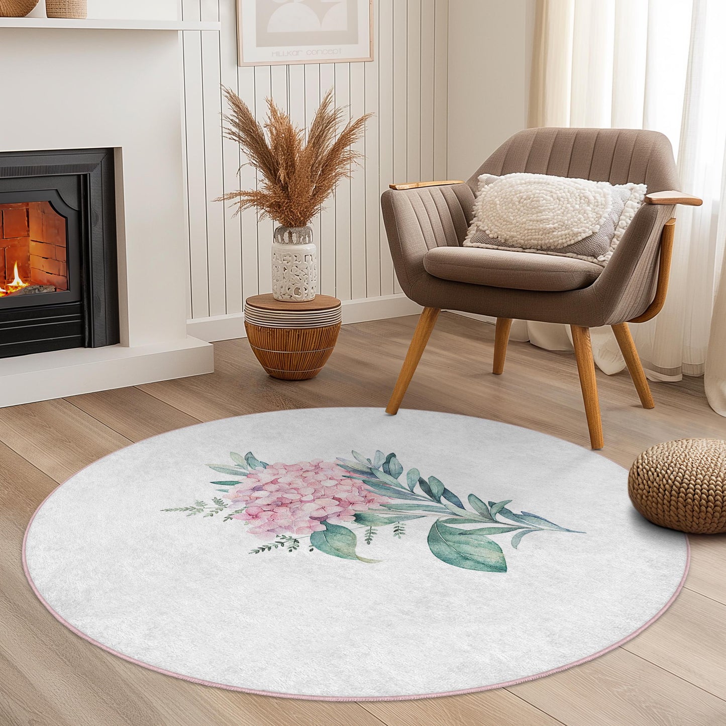 Runder Teppich mit Blumenmuster, weicher Teppich mit Blumenmuster für das Wohnzimmer, runder Dekoteppich, Wohnaccessoire im Bohème-Stil